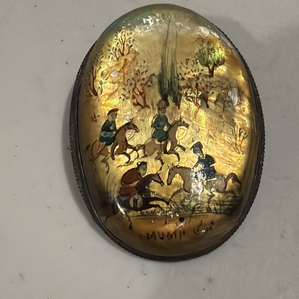 Vtg Signed MUMI Hand Painted Persian MOP MCM polo Brooch C-clasp